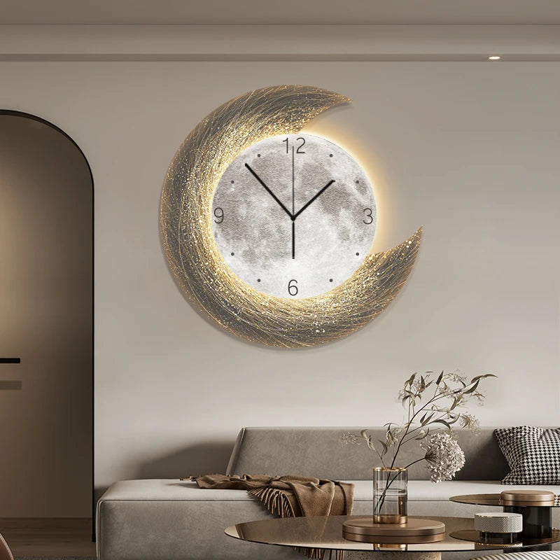 Moon Phase Wall Clock With Built-in LED Light Modern Silent Living Room Decor Creative Home Wall Clocks For Dining Room