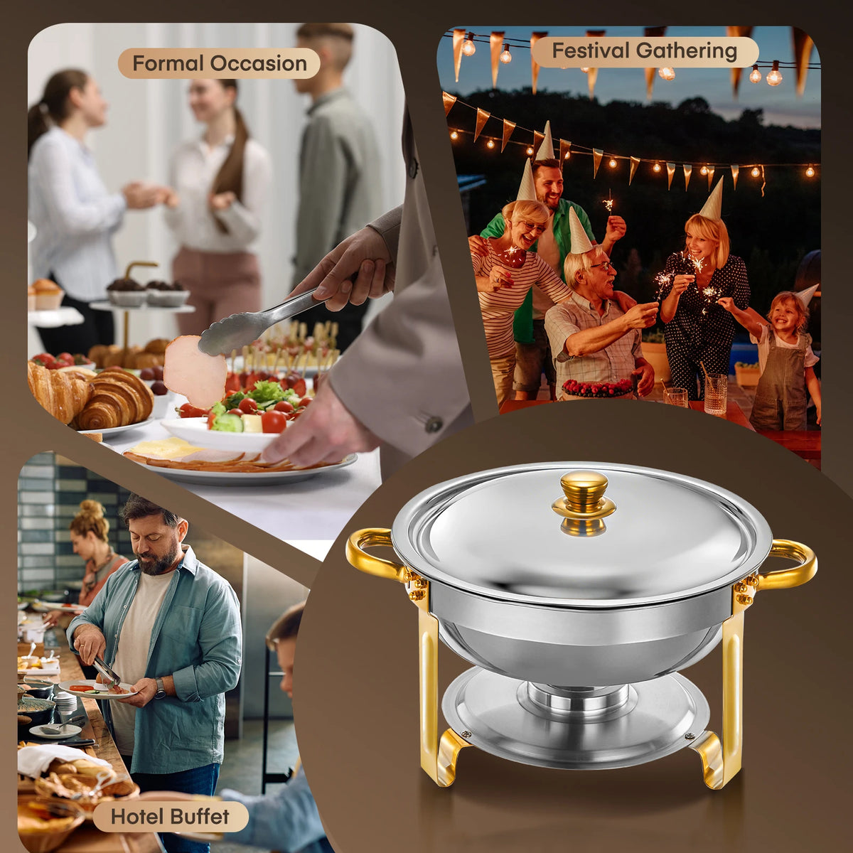 Chafing Dish Buffet Set 4Pack, 6QT Round Stainless Steel with Gold & Silver Accent | 4 Food Pans & Lids, Heating and Cooling Servers, Warmers for Parties Wedding Catering Banquets Family Gatherings
