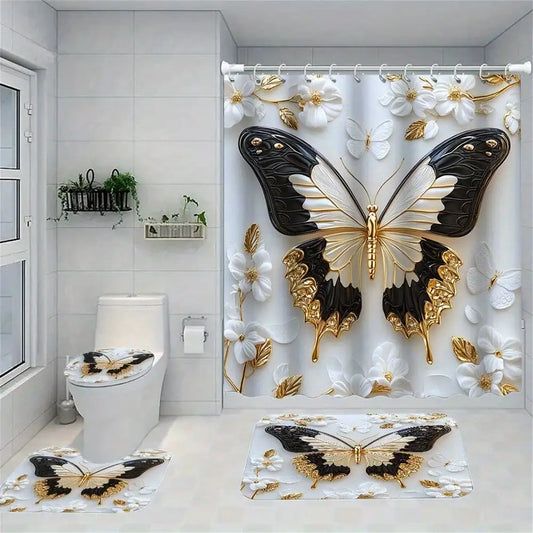 1/ 4pcs Platinum Butterfly Shower Curtain Set, Decorative Bathroom Set Includes Waterproof Shower Curtain, Non-Slip Floor Mat