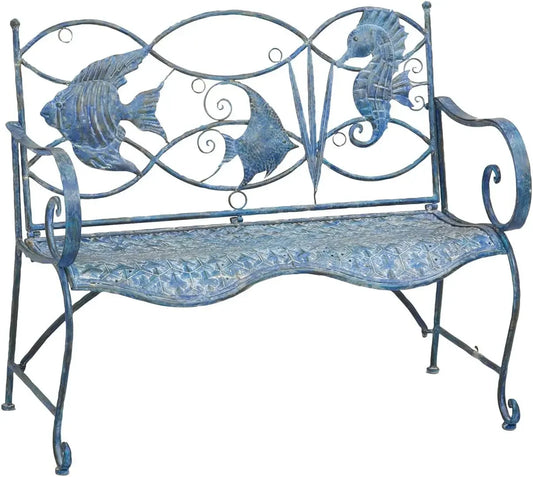 Weatherproof Blue Fish Coastal Outdoor Bench | Holds Up to 440 lbs | Furniture for Lawn Garden Patio Porch Park Deck | Coastal