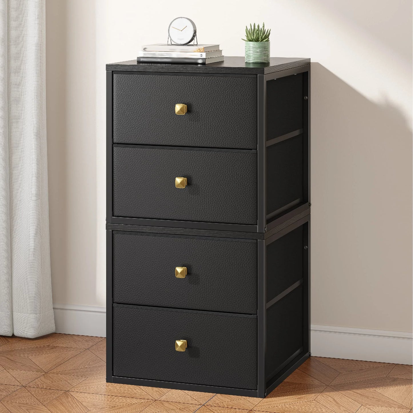 Freestanding 4-Drawer Stackable Storage – Fabric Drawers, Wood Top, Metal Frame – 22 LBS per Drawer – Ideal for Bedroom, Under-Bed, Closet, or Dorm