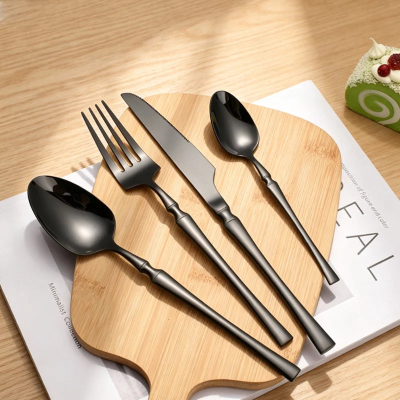 40 Pieces of Luxurious Mirror Black Stainless Steel Suit, Thin Waist Handle Knife Spoon Fork Suit, Western Steak Tableware.