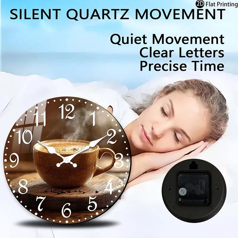 Wooden Silent Wall Clock Coffee cup with steam clock face Quartz Clocks Farmhouse,Office,Idea Christmas,Halloween,New Year Gift