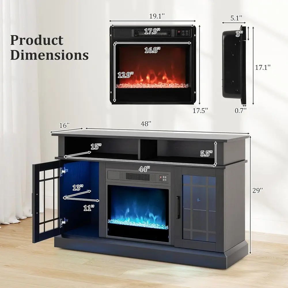 48" TV Stand with 19" Electric Fireplace for TVs Up to 40 inch, Media Entertainment Center with 16-Color LED Lights, TV Console