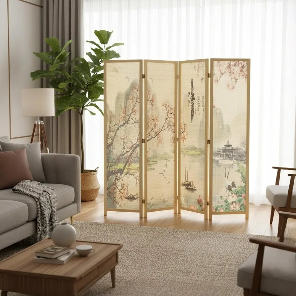 Office 4 Panel Folding Bamboo Room Divider Freestanding Cherry Blossom Floral Artwork Partition Screen with Beige Wood Frame