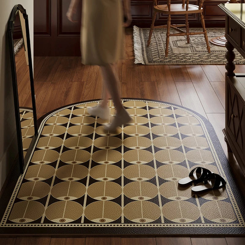 Entrance Door Mat Anti-slip Waterproof Dirt-resistant Carpet Retro Green Plaid Pvc Leather Rug Semicircle Home Decor Floor Mats
