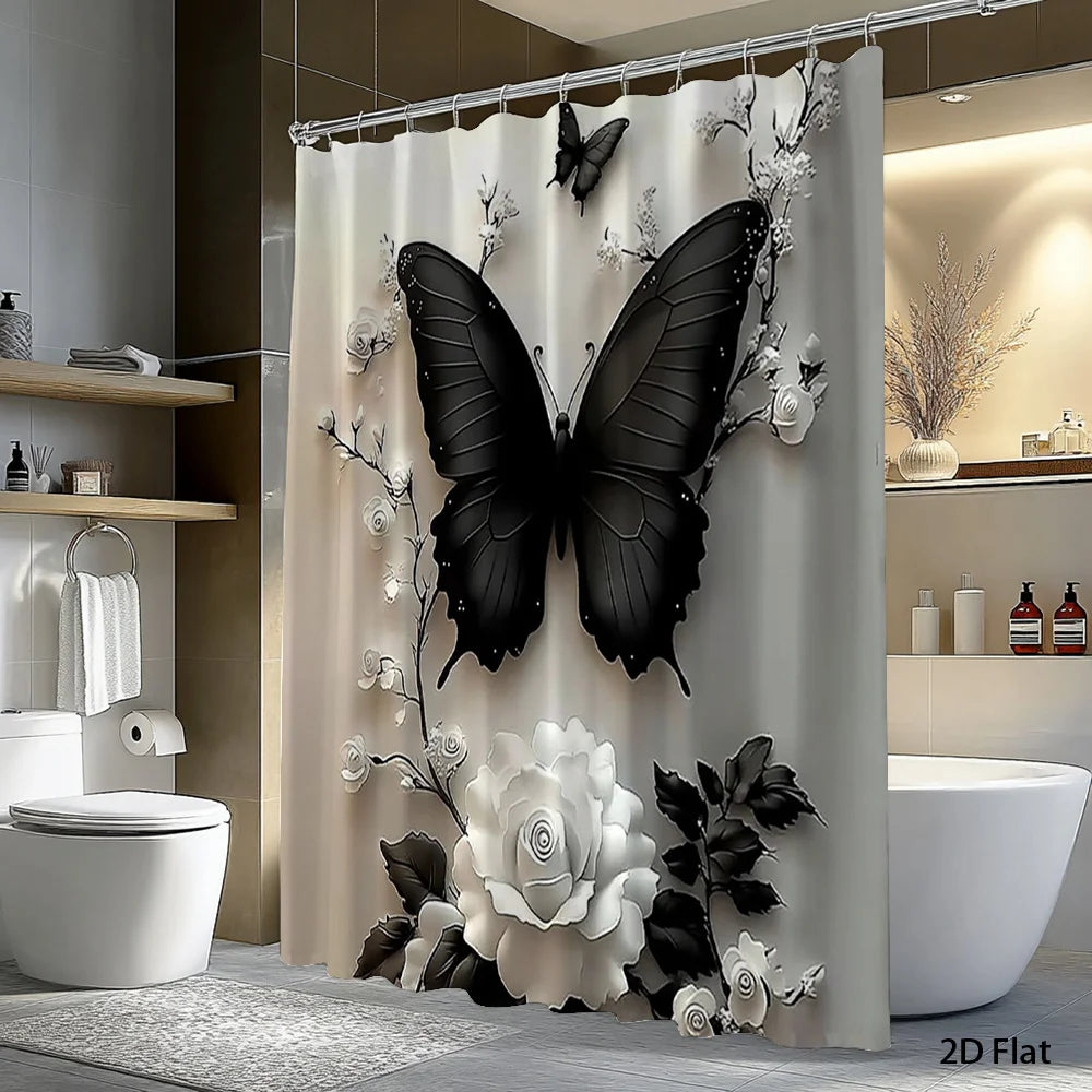 2D Flat Butterfly Floral Shower Curtain Rose Bathroom Decor Polyester with Hook