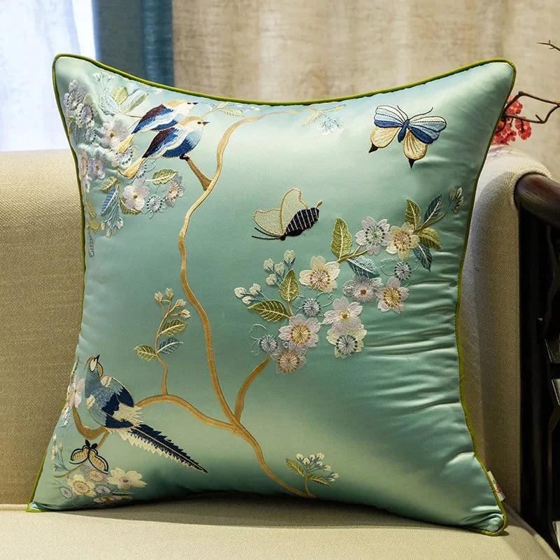 New Chinese Style Embroidered Bird Cushion Cover Living Room Sofa Waist Pillow Luxurious Classical Bed Head Silk Pillowcase