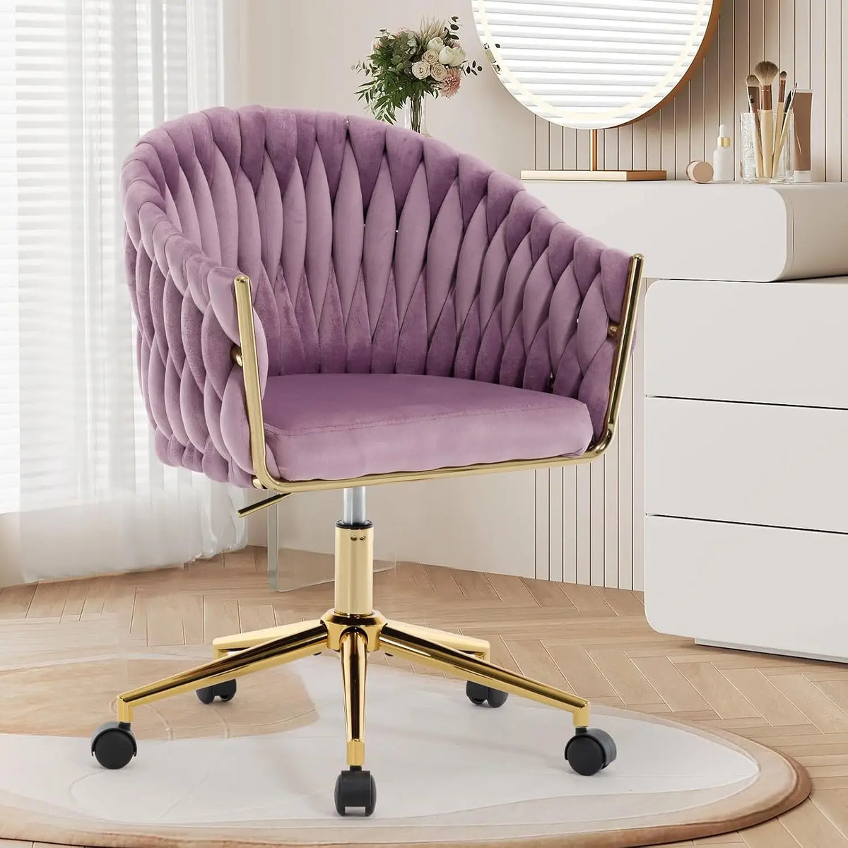 Cute Fabric Rolling Chair Vanity Office Desk Chair with Back Wheel Pink, Customized