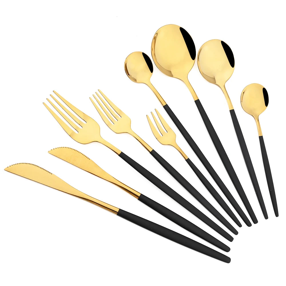 48pcs Black Gold Cutlery Set Knife Dessert Fork Coffee Spoon Dinnerware Stainless Steel Tableware Western Party Kitchen Flatware
