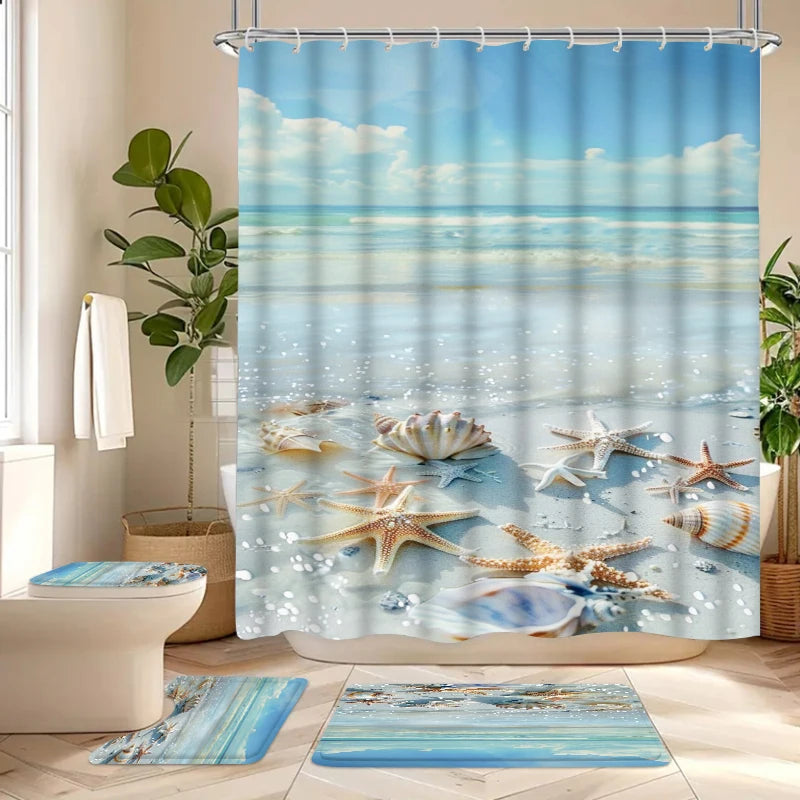 1/3/4Pc Fresh Ocean Style Beach Shell Shower Curtain Waterproof and Mildew-Proof Bathroom Partition Curtain