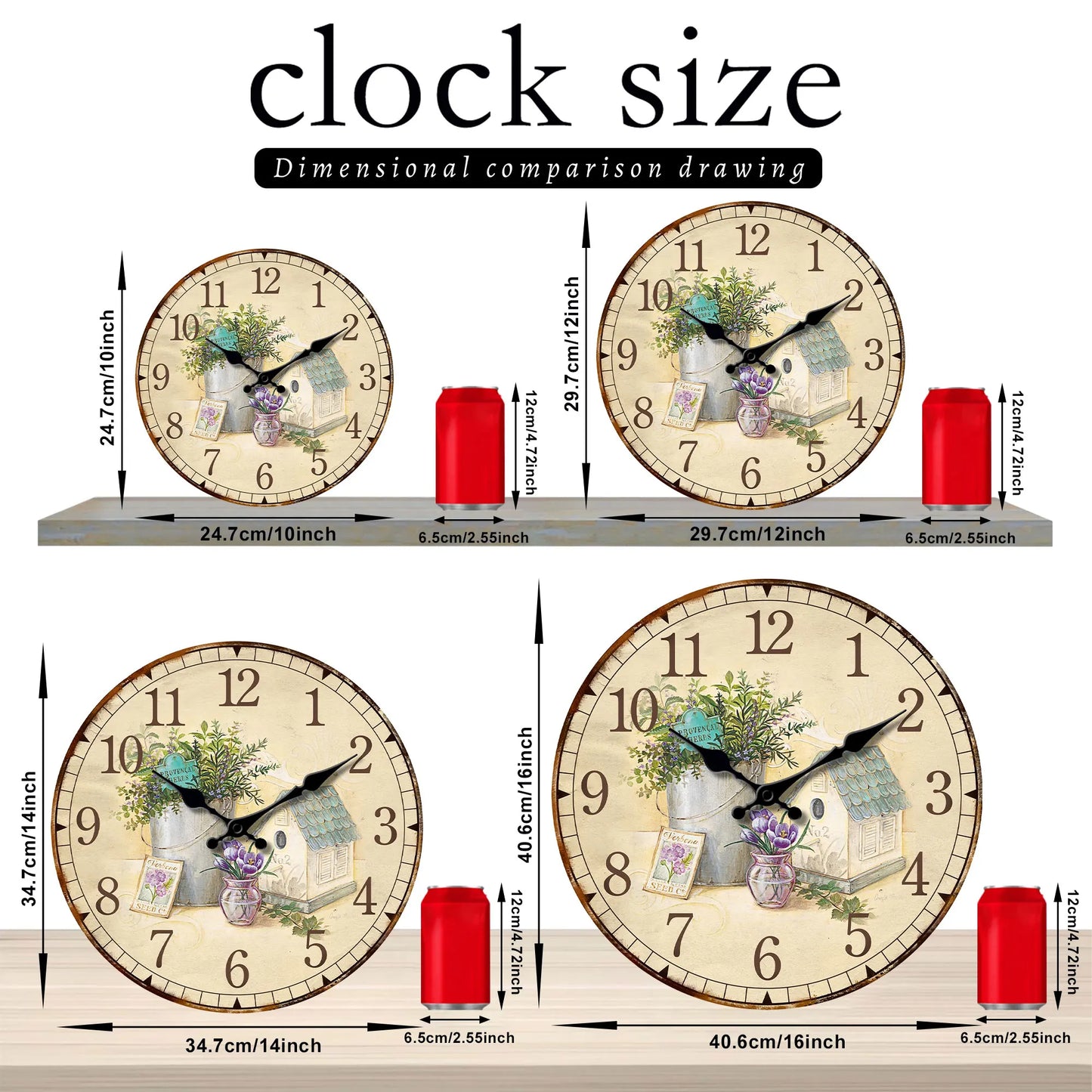 1pc retro wooden wall clock, beautiful lavender-Provence vanilla design wall clock, 10-16 inch mute clock, Home decor, Living Ro