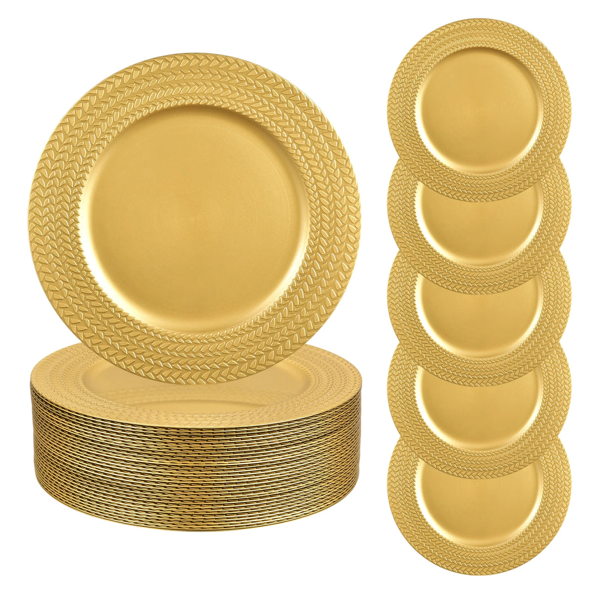 Set of 50 Gold Charger Plates 9 Inch Plastic Reusable Decorative Dinner Chargers, Antique Gold Round Serving Plates with Olive Leaf Pattern Embossed Rim, Heavy Duty Table Chargers for Wedding Party Banquet Christmas Table Set