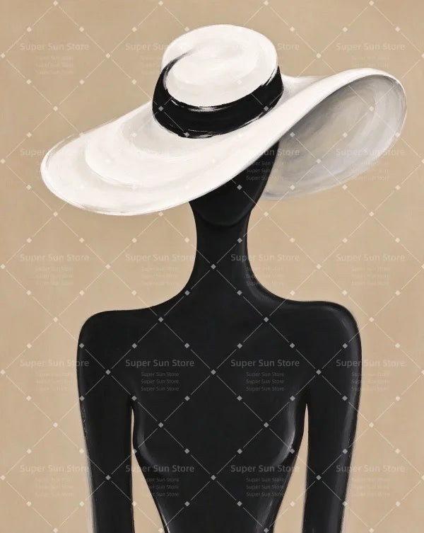 Minimalist Black Silhouette Woman With White Wide Brim Hat Canvas Wall Art Neutral Beige Boho Abstract Female Portrait Print