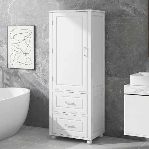 Tall Bathroom Storage Cabinet, Freestanding Storage Cabinet with Two Drawers and Adjustable Shelf, MDF Board with Painted Finish