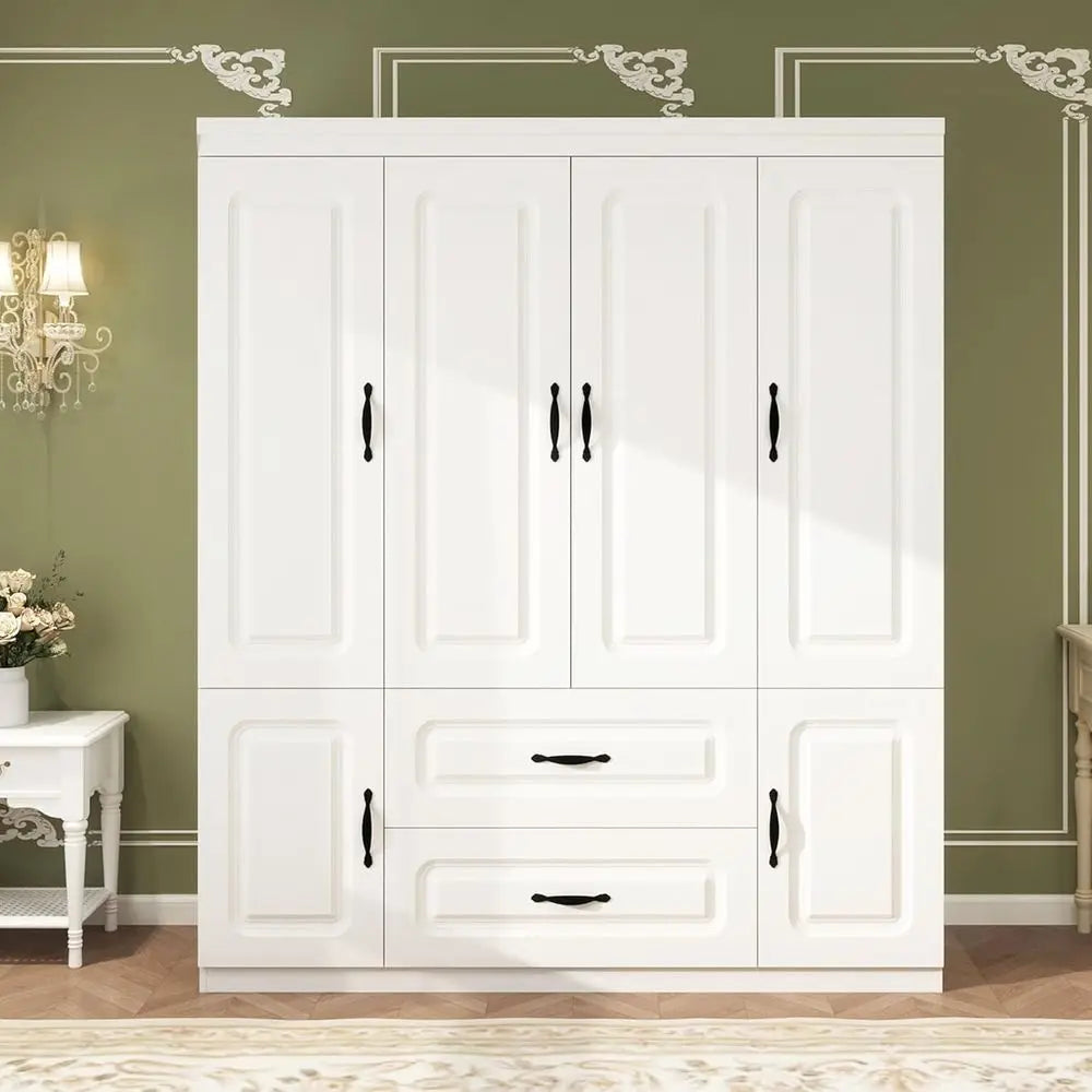 Large White Wooden 4-Door Wardrobe with 2 Drawers, Hanging Rails, and Shelves for Bedroom Storage
