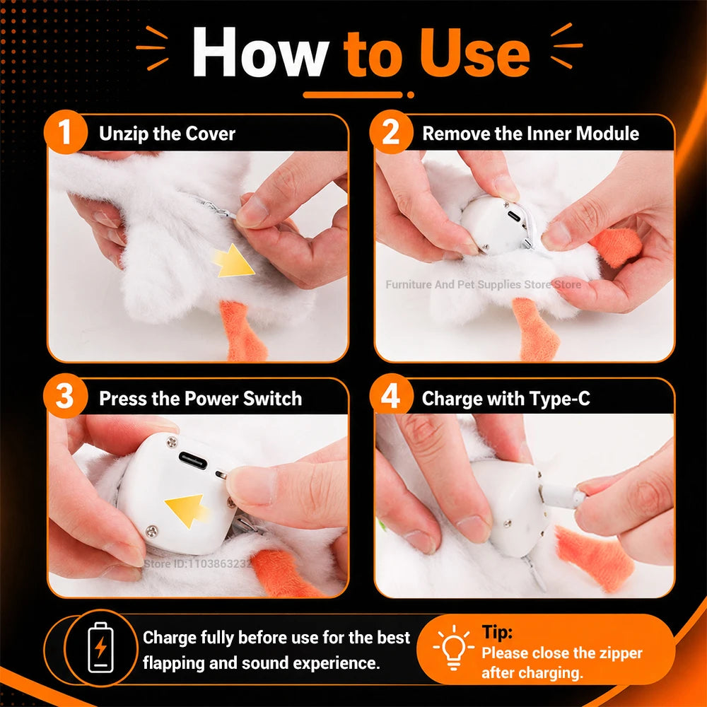 Interactive cat toy: motorized realistic duck with quacking sounds and flapping wings; plush chew toy for puppies and kittens