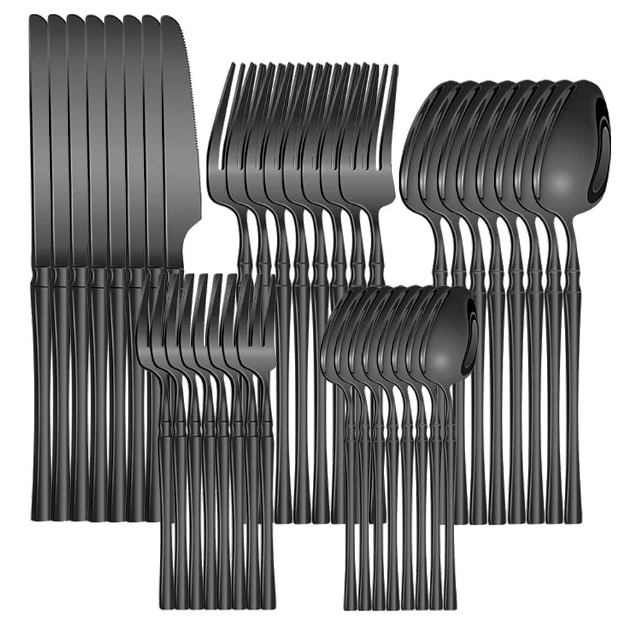 40/60-Piece Black Stainless Steel Cutlery Set, Mirror Polished, Including Dinner Forks, Steak Knives, and Soup Spoons, Suitable