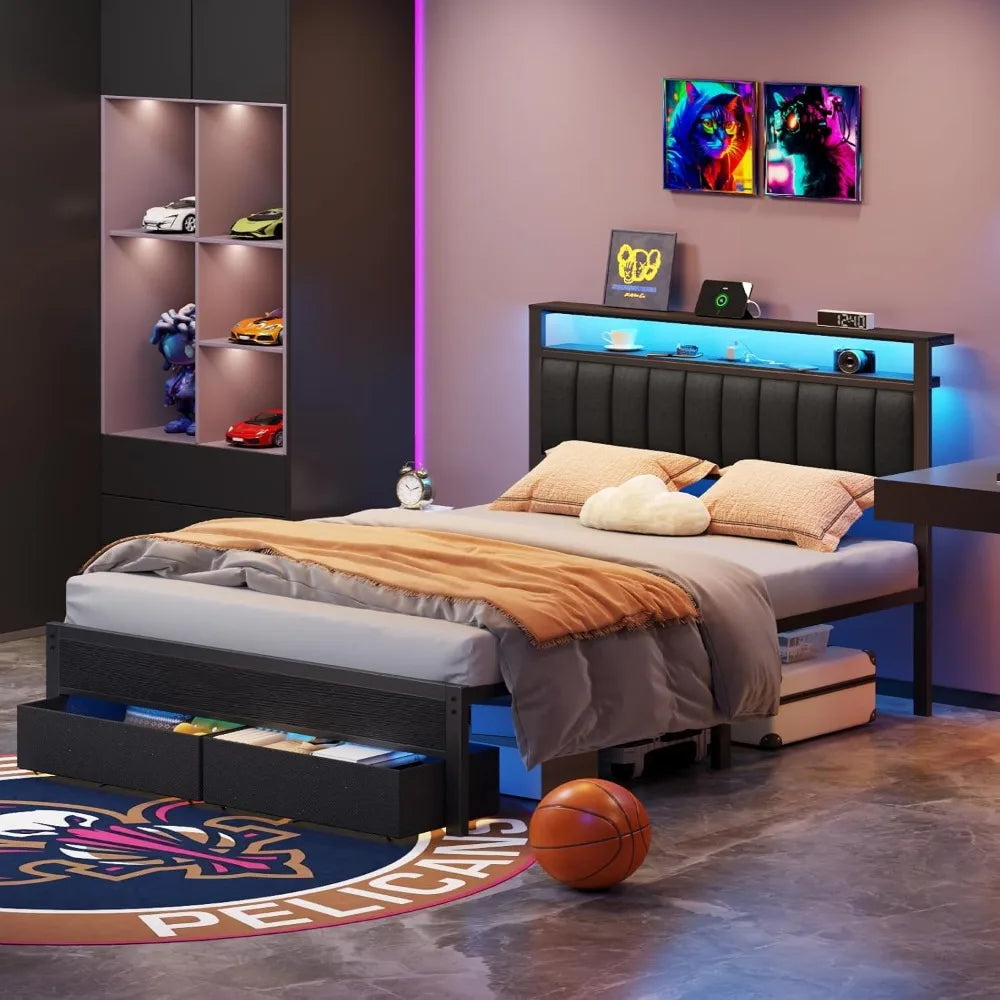 Bed Frame with Charging Station and LED Lights, Grey Upholstered Headboard with Shelves, Metal Platform Bed, Customized