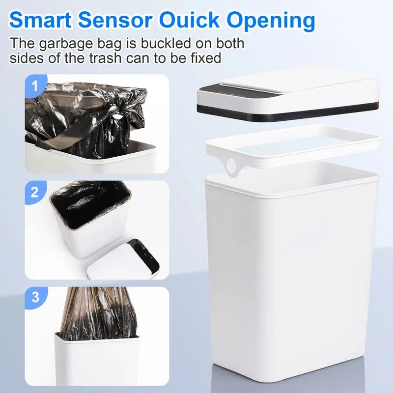 14L Bathroom Automatic Trash Cans Touchless Motion Sensor Slim with Lid for Bathroom Bedroom Living Room Office White