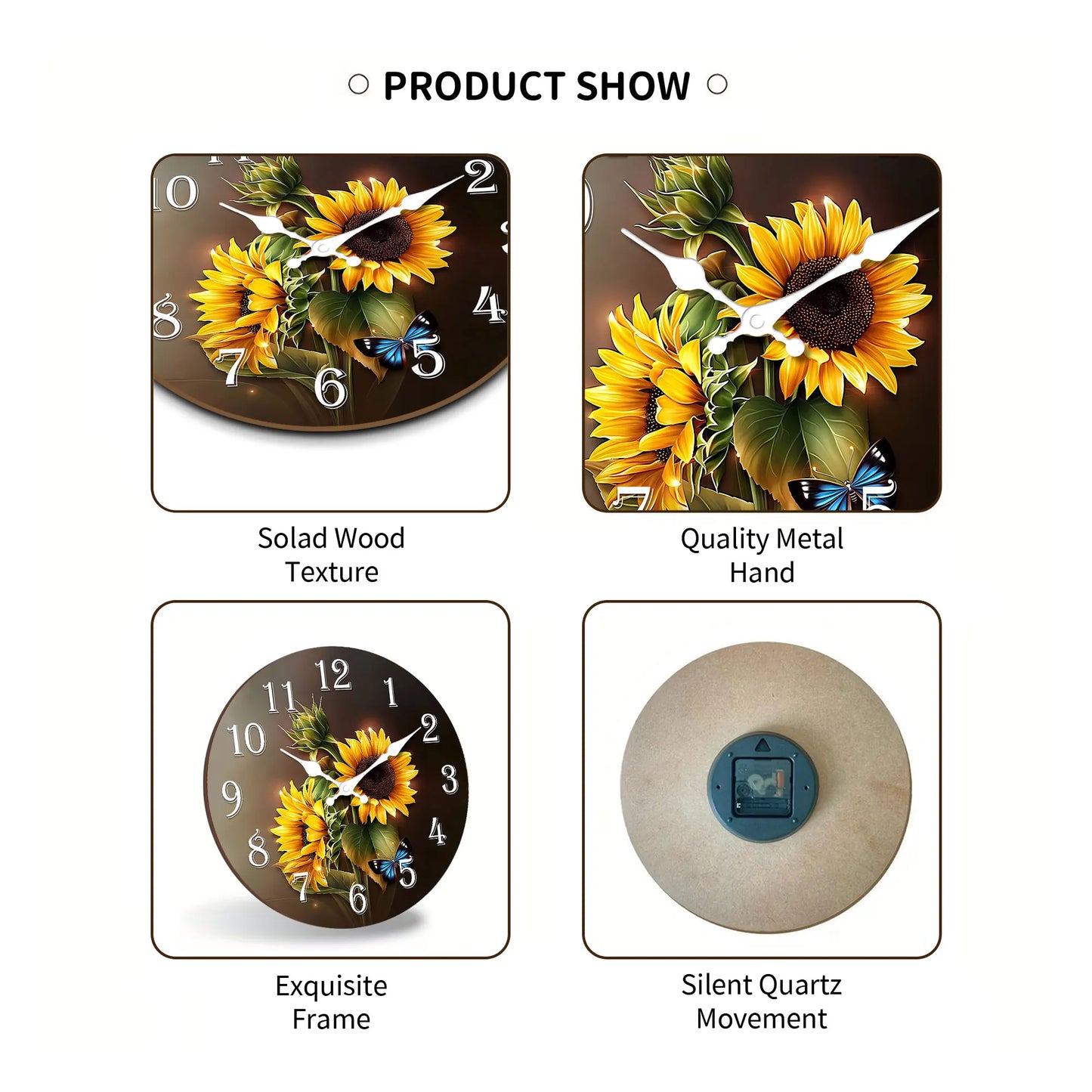 1pc wooden wall clock, beautiful sunflower and blue butterfly design wall clock, silent clock - suitable for living room bedroom