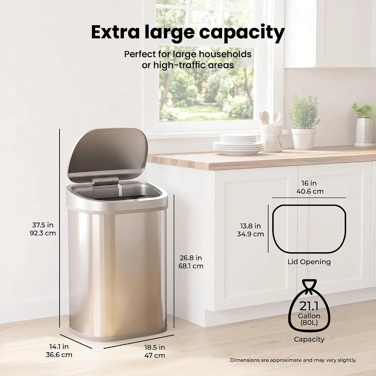 Ninestars 21 Gallons XL Automatic Touchless Kitchen Trash Can with Lid, Motion Sensor Trash Can for Large Kitchens, Office & Commercial Use 80 Liter Stainless Steel Garbage Bin (X-Large Rectangular)
