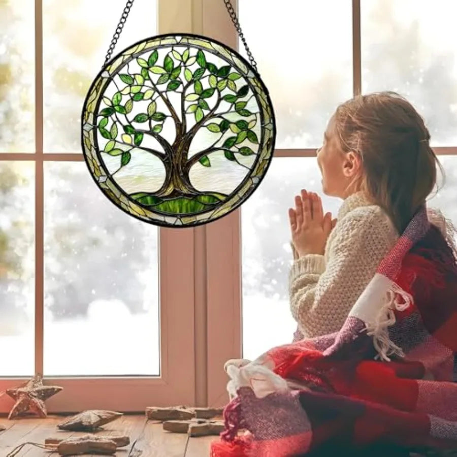 Stained Glass Window Hanging - Tree Trunk Leaves Sun Catcher for Door Garden Home Decor Plant Suncatcher Christmas Mother's Day