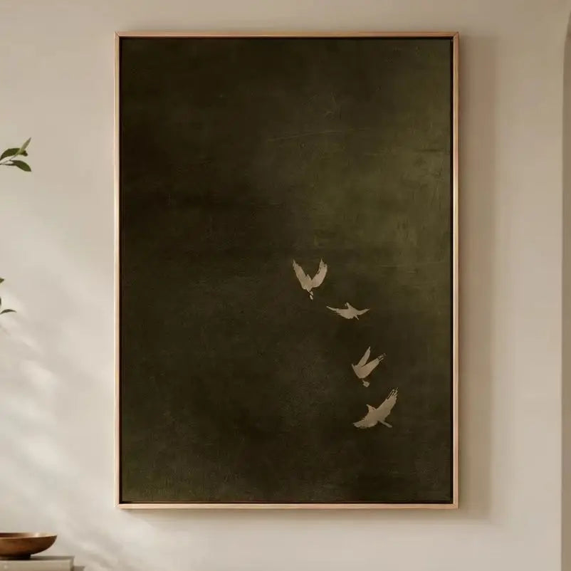 Olive Green Bird Canvas Art, Dark Moody Framed Art,Minimalist Japandi Living Room Decor Canvas Wall Print for Bedroom