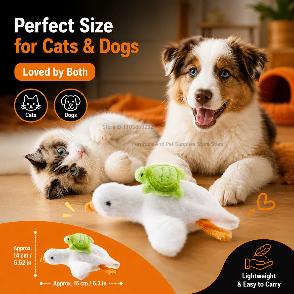 Interactive cat toy: motorized realistic duck with quacking sounds and flapping wings; plush chew toy for puppies and kittens
