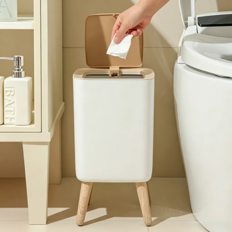 Nordic Standing Press‑Lid Trash Can, Square Cream White Plastic Waste Bin With Decorative Wooden‑Look Legs, Lidded Odor‑Proof Decorative Garbage Bin for Bedroom, Bathroom, Living Room