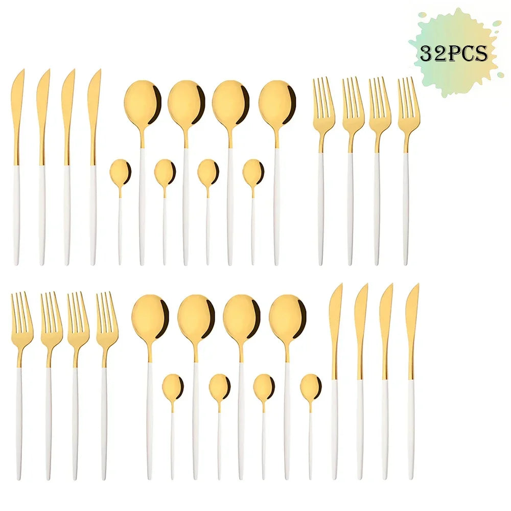 16/24/32/48Pcs Dinnerware Set White Gold Dinner Cutlery Set Stainless Steel Flatware Fork Kitchen Knife Fork Spoon Tableware Set