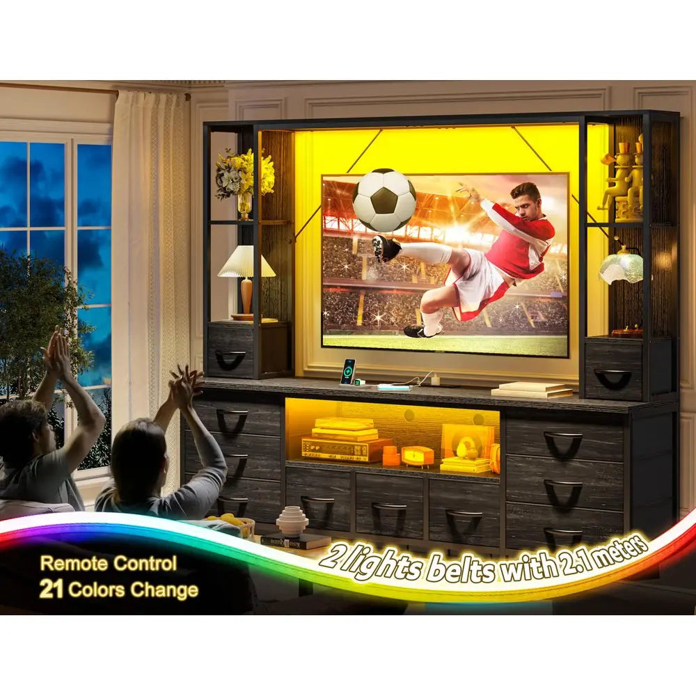 65 TV Stand for Living Room, Large Entertainment Center with 11 Fabric Drawers, 2 LED Lights amp Power Outlets, Modern Dresser
