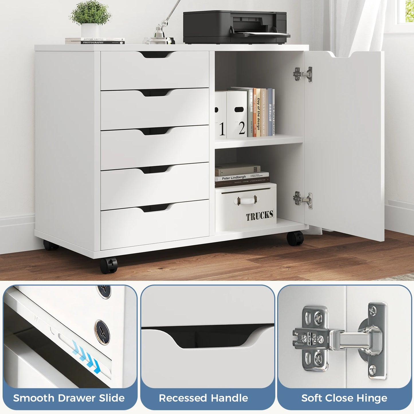 JHK Wood 5 Drawers Cabinets Organizer with Wheels Rolliing File Cabinet with Shelves and Door Printer Stand  for Home Office