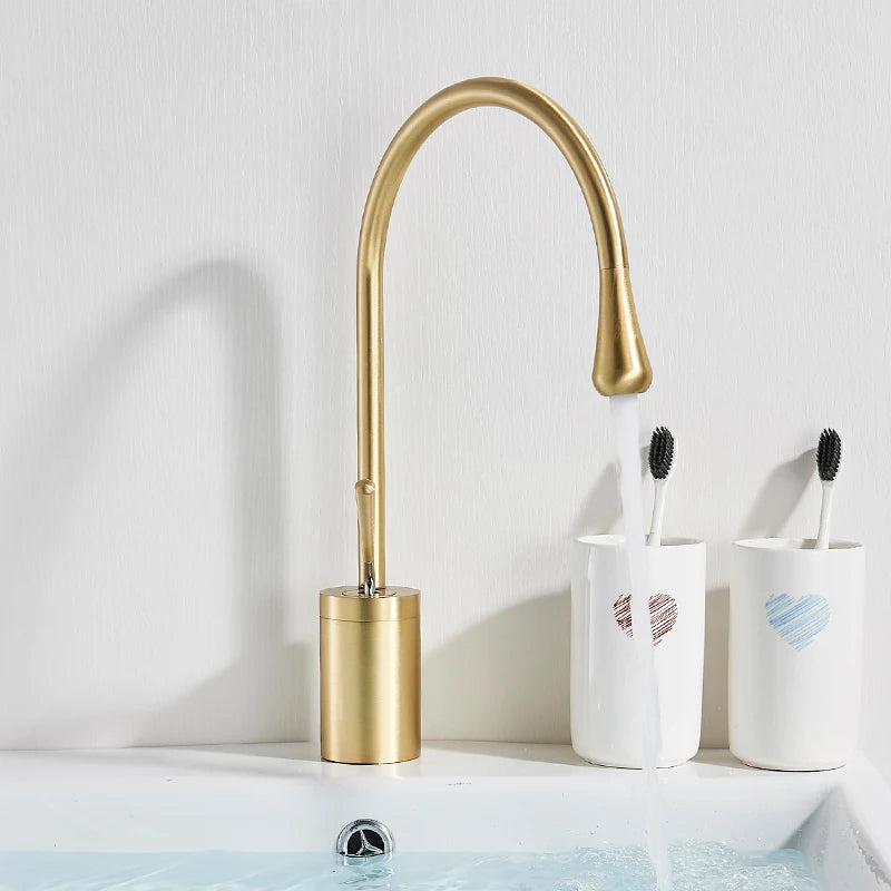 Brushed Golden Brass Art Basin Faucet Bathroom Washbasin Hot Cold Tap 360 Swivel Waterfall Gold Tall Model Mixer Deck Mounted