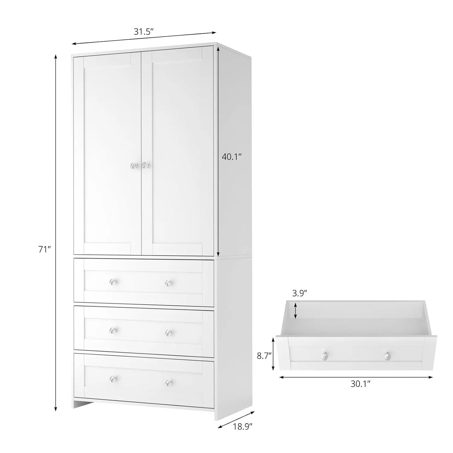 Armoire Wardrobe Closet with Drawers and Mirror, 71" Clothing Storage Cabinet with Hanging Rod, 2 Doors Wooden, Customized