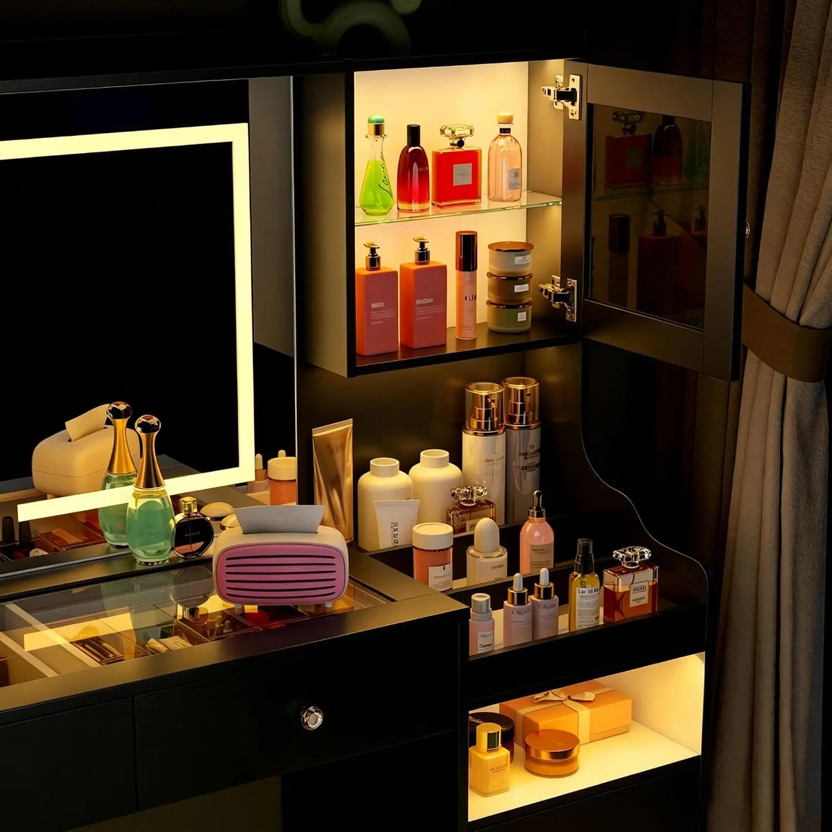 62" Large Black Vanity Desk with Glass Top, Makeup Vanity with Mirror and LED Lights, One-Touch 3 Lighting Modes, Dressing Table
