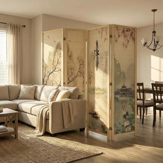 Office 4 Panel Folding Bamboo Room Divider Freestanding Cherry Blossom Floral Artwork Partition Screen with Beige Wood Frame