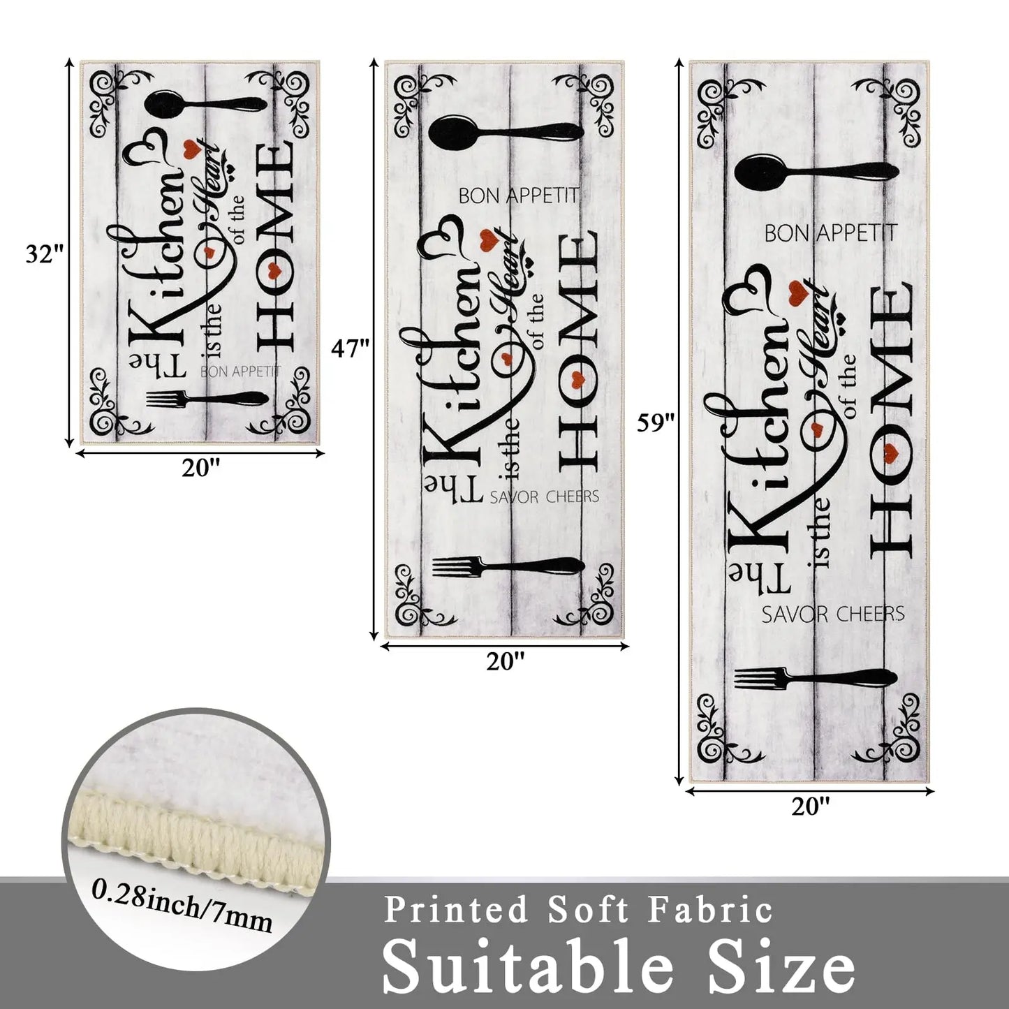 VIKAMA 3-Piece Kitchen Rug Set Machine Washable Kitchen Anti-Slip Suitable for Kitchen Rugs and Mats Ideal for Kitchen Use