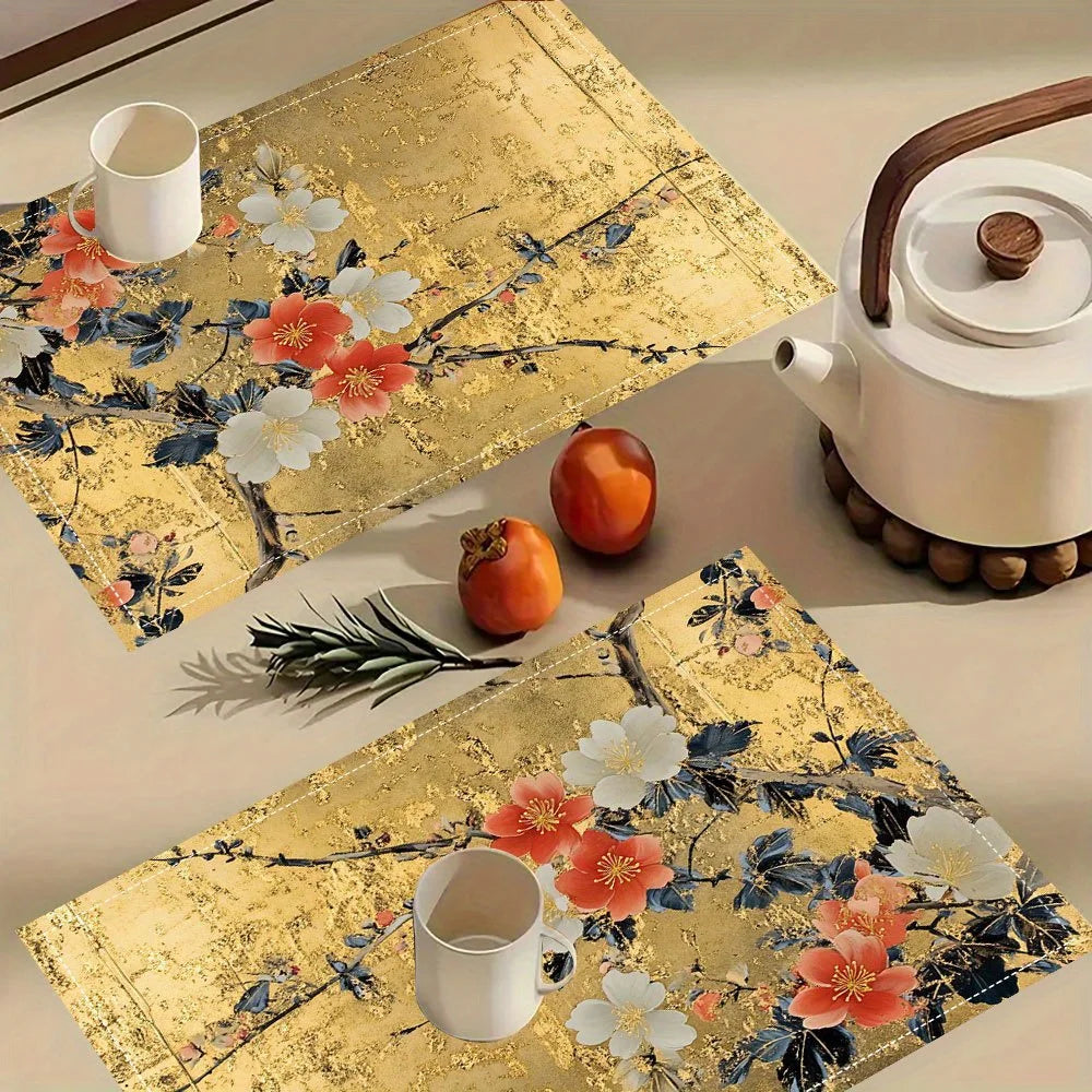 Stylish Japanese Golden Floral Design Placemats Trendy Printed Table Mats Suitable for Dining Tables Kitchens Parties Indoor Use