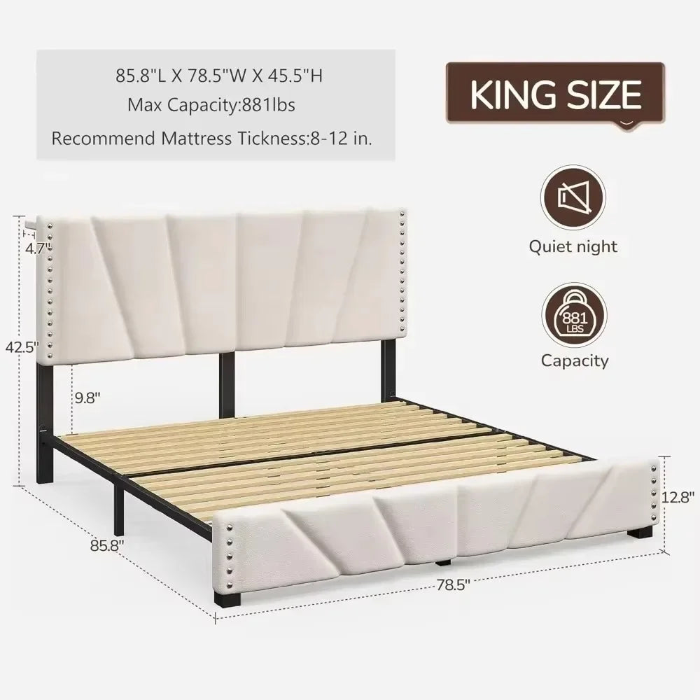 King-size Bed Frame, Velvet Bed Frame, with Headboard and LED Light, Platform Bed Frame, Beige