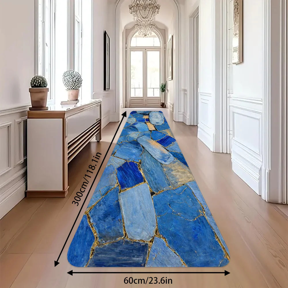 Blue Marble Gold Crack Mosaic Stone Print Runner Rug, Non-Slip Washable Mat for Kitchen Entryway Hallway Modern Minimalist Home