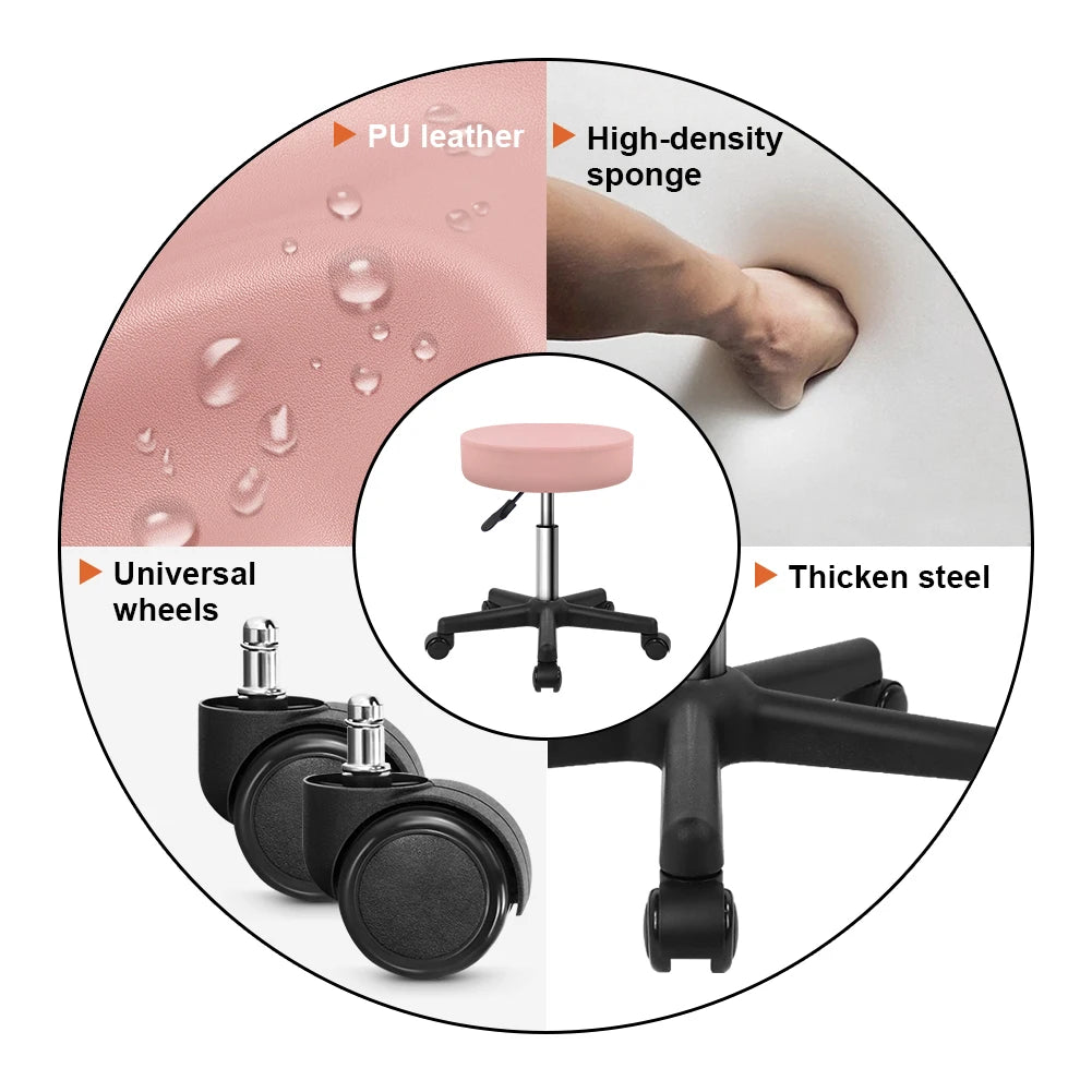 KKTONER Adjustable Swivel Stool with Wheels Round Swivel Stool with Black Base for Drawing Work SPA Massage Parlor in Pink