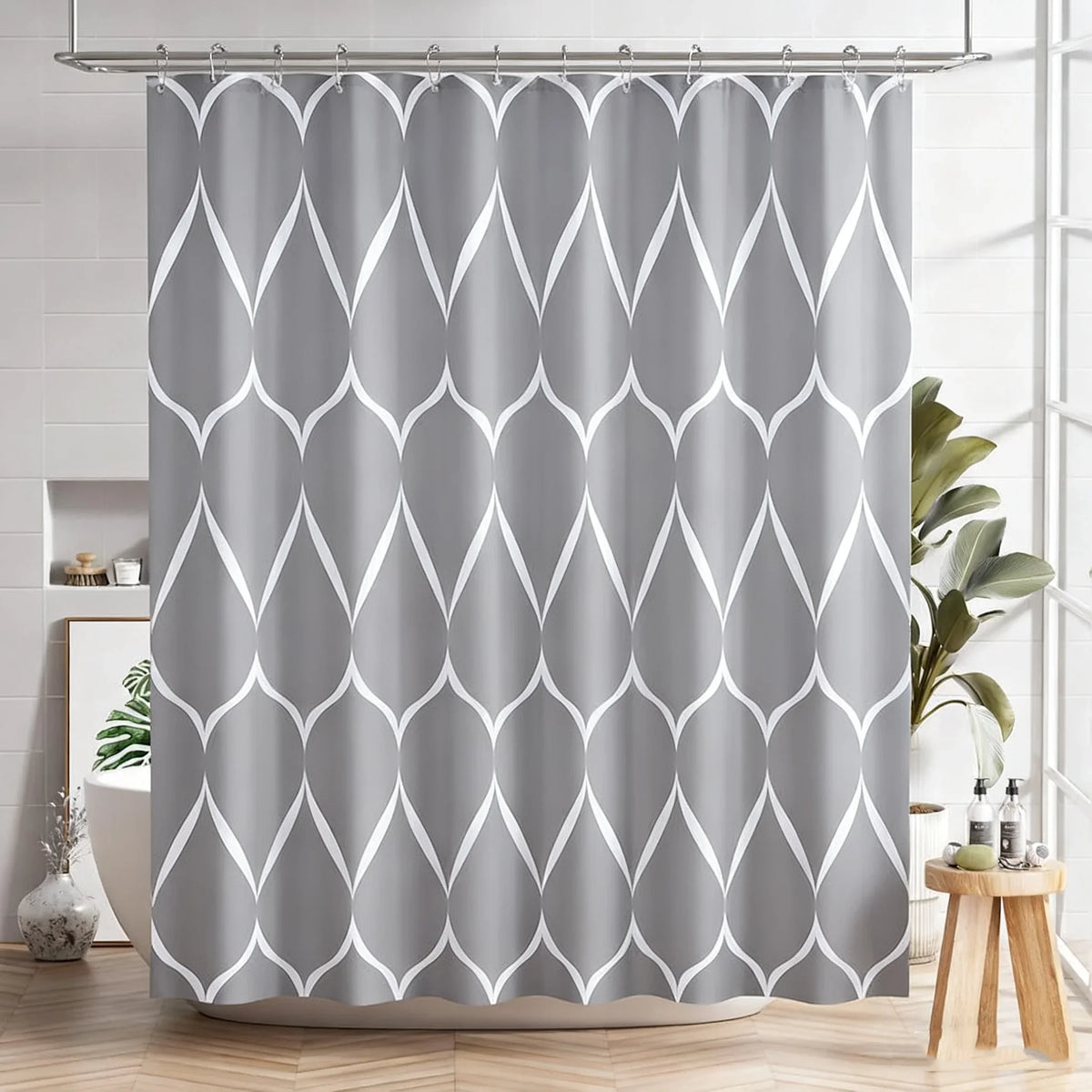 1pc Waterproof Gray Polyester Shower Curtain with Metal Grommets, 180*180cm Durable Fabric Bath Curtain for Bathroom Partitions
