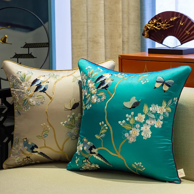 New Chinese Style Embroidered Bird Cushion Cover Living Room Sofa Waist Pillow Luxurious Classical Bed Head Silk Pillowcase