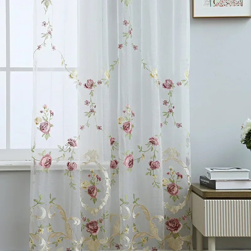 1PC French Luxury Velvet Tulle Curtains For Bedroom Flower Embroidered Tulles for Living Room Window Villa