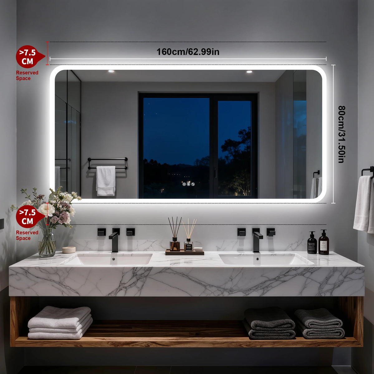 Smart LED Bathroom Mirror with Bluetooth Speakers Rectangle Illuminated Vanity Mirror Dimmable 3 Colors Anti Fog Touch Control Wall Mount