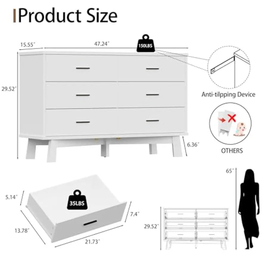 Dresser for Bedroom, 6 Drawer Wide Modern Chest of Drawers with X-Shaped Sturdy Base, Wood Double Dresser Closet Clothes Storag