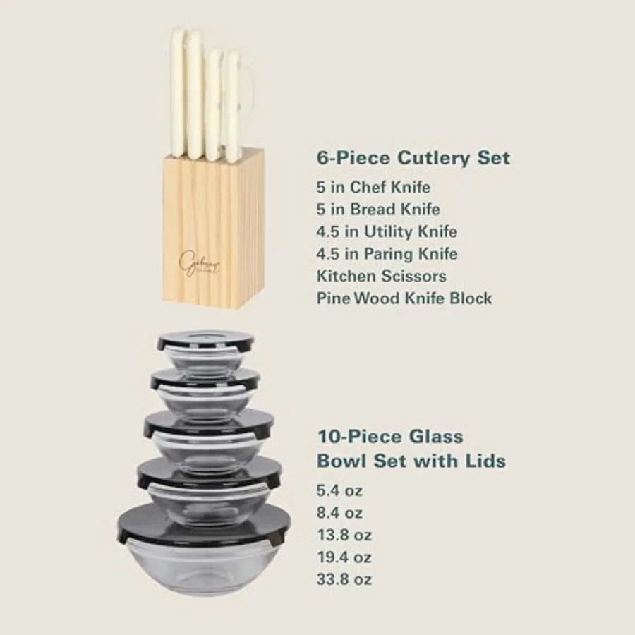74 Piece Kitchen in a Box Pots and Pans Cookware Plates and Bowls Dinnerware Cutlery Knife Block Flatware Utensils Tools Gadget