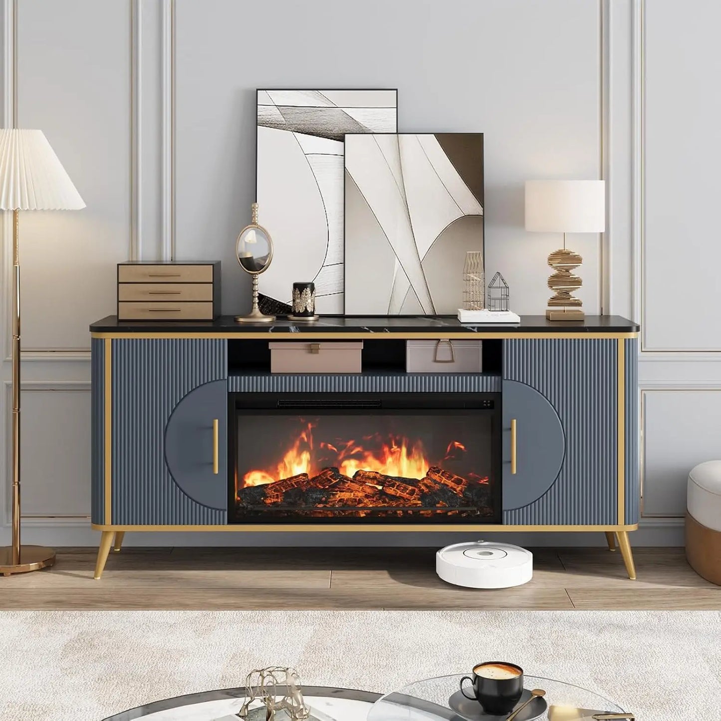 Modern Fluted TV Stand with Electric Fireplace for up to 80'' TVs Luxury Customizable Media Entertainment Center