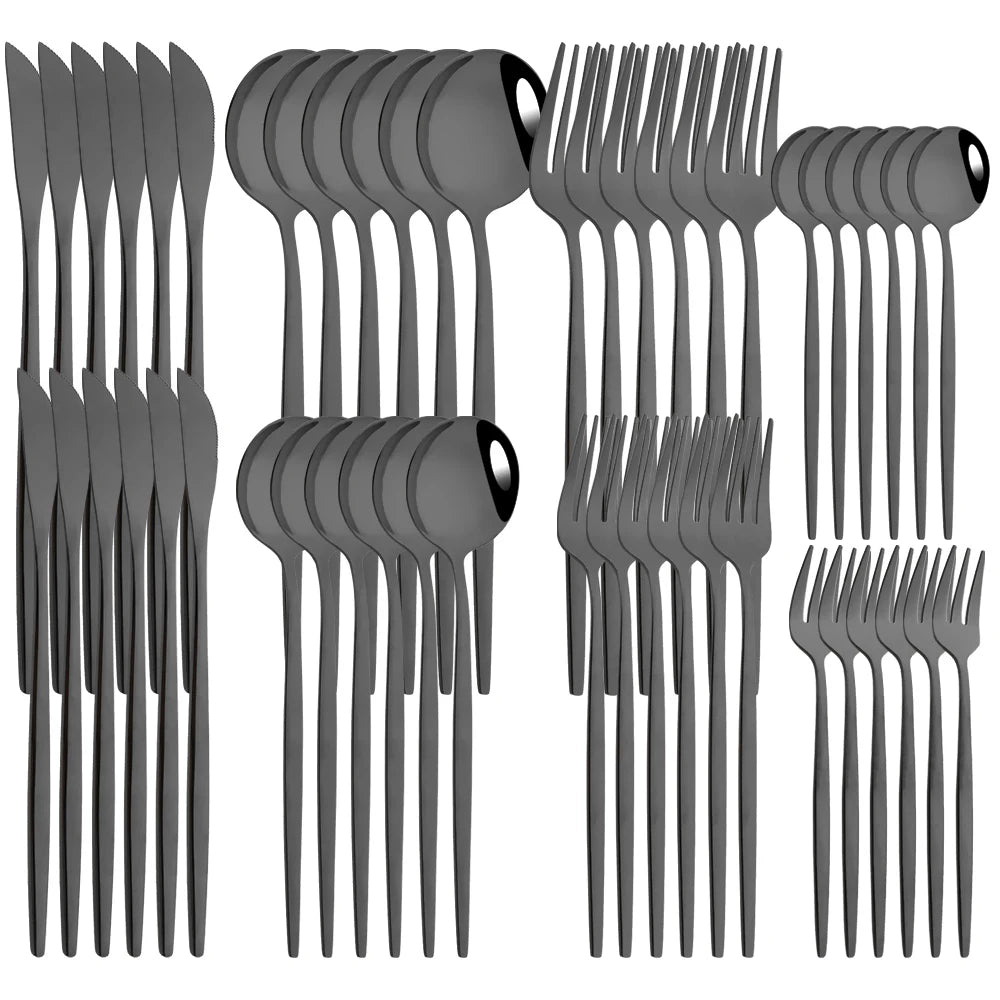 48pcs Black Gold Cutlery Set Knife Dessert Fork Coffee Spoon Dinnerware Stainless Steel Tableware Western Party Kitchen Flatware
